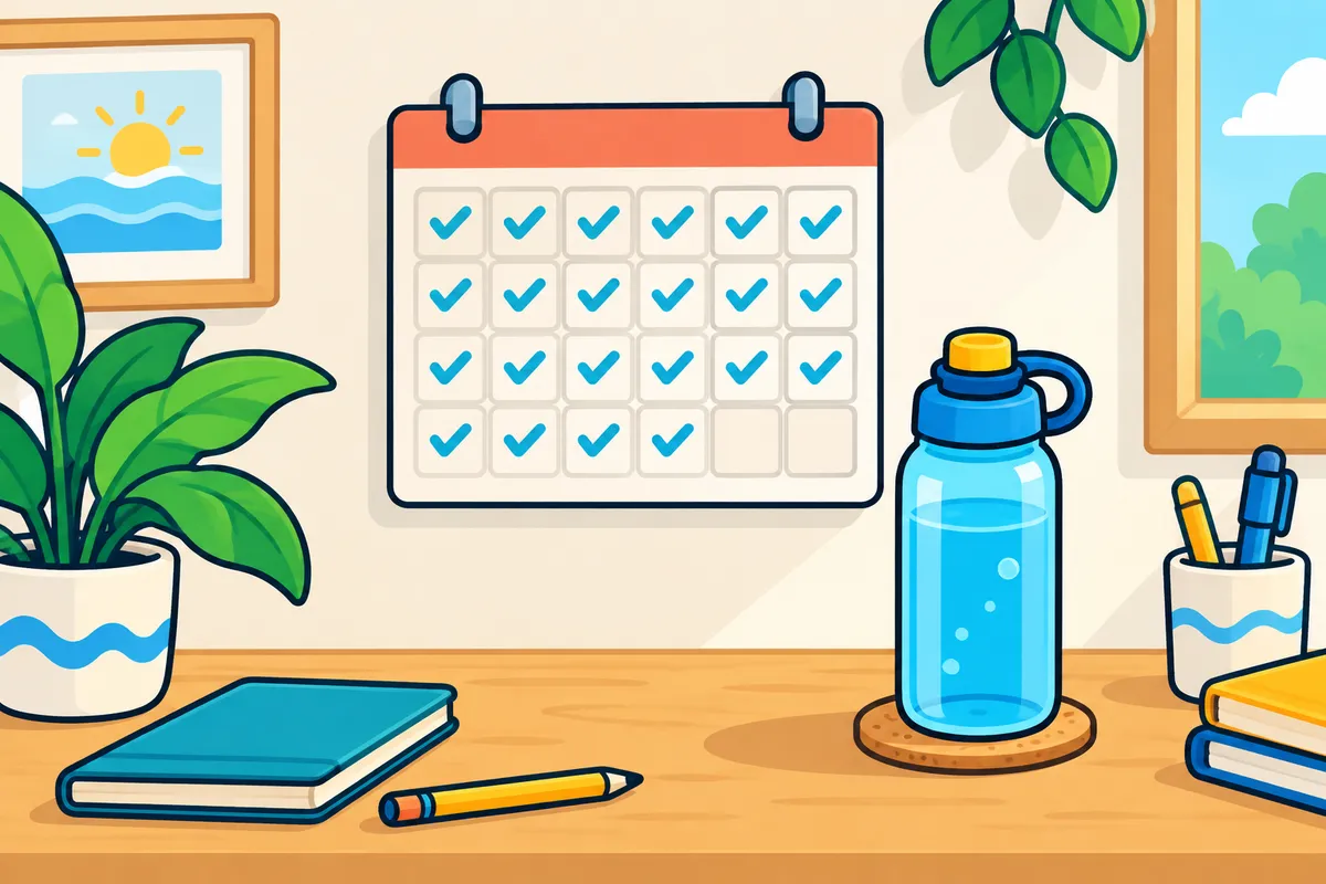 A wall calendar with a month of ticked days beside a water bottle on a desk.