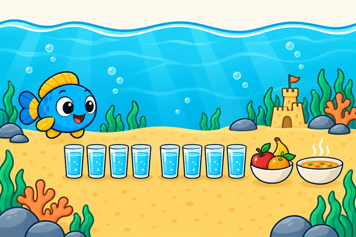 Glubbo beside eight glasses of water in two groups of four, with a fruit bowl and a bowl of soup.