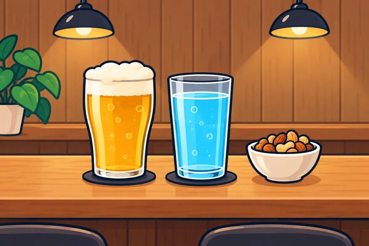 A glass of beer and a glass of water side by side on a bar counter.