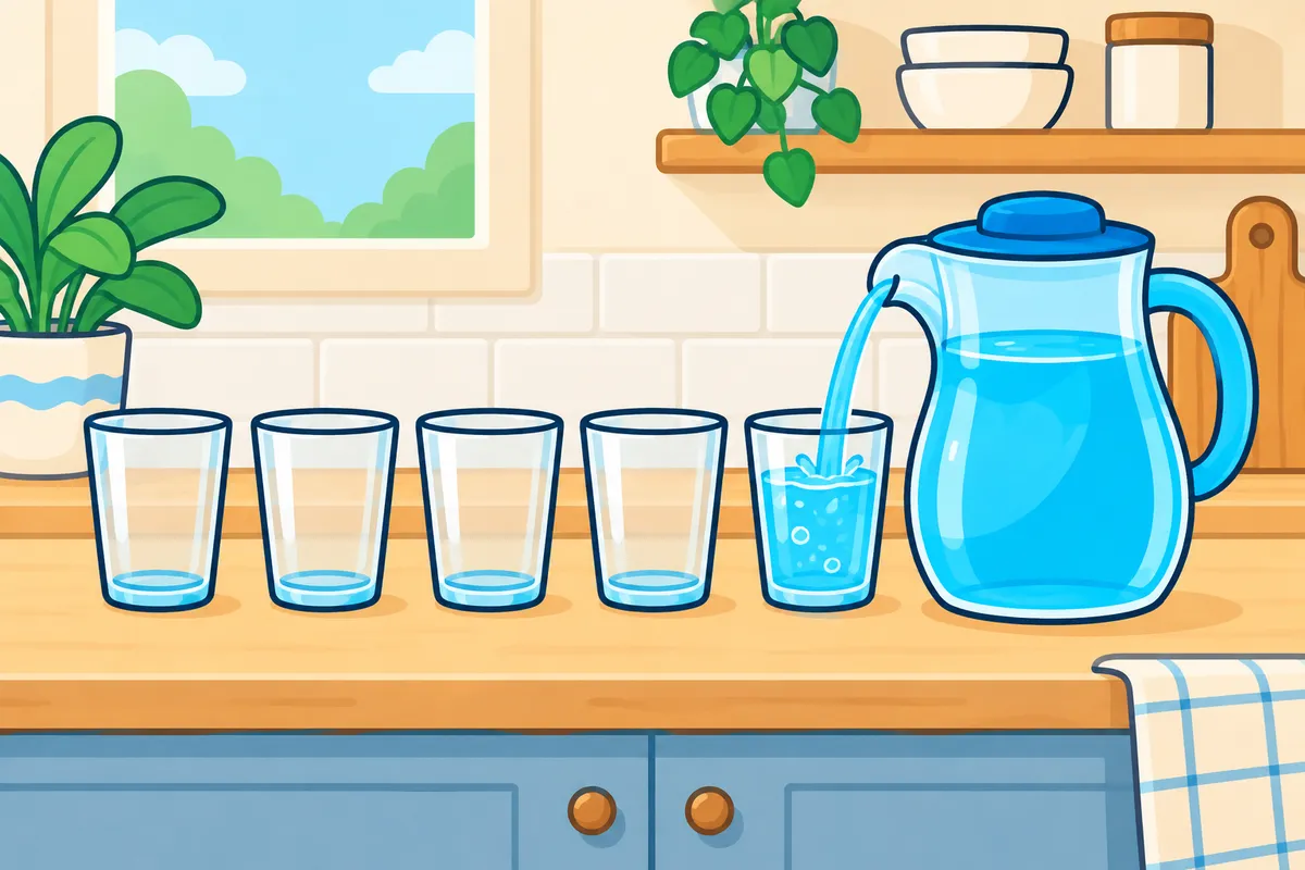 Four empty glasses in a row on a kitchen counter while a fifth is filled from a water jug.