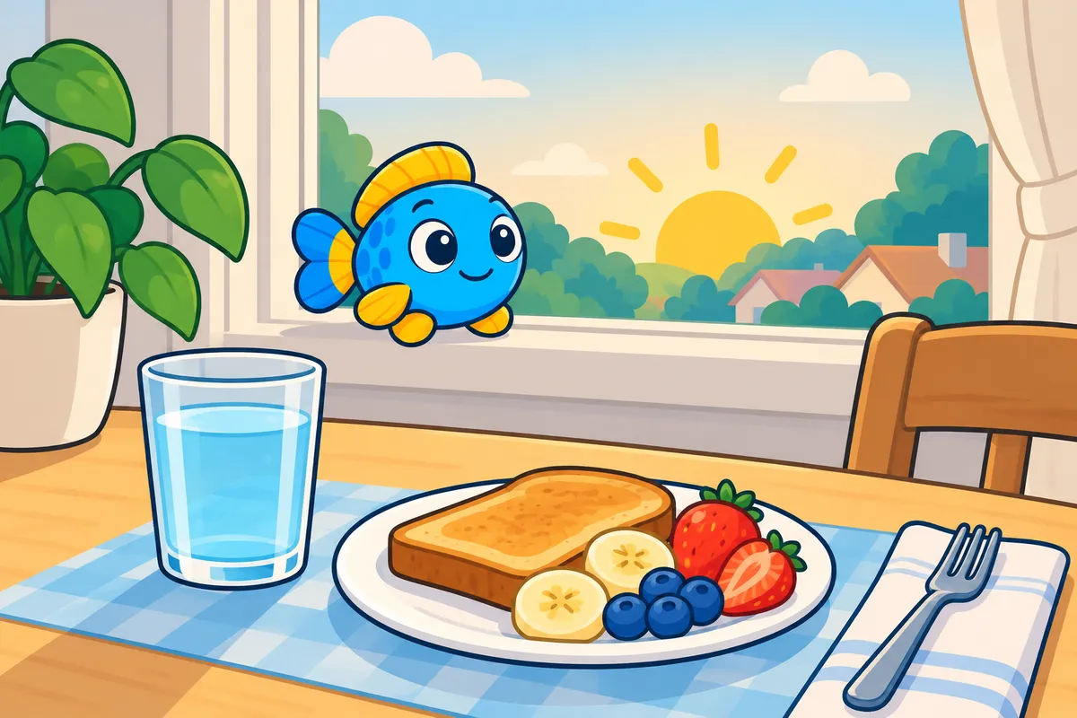 A breakfast table by a sunrise window, a glass of water and toast with fruit.