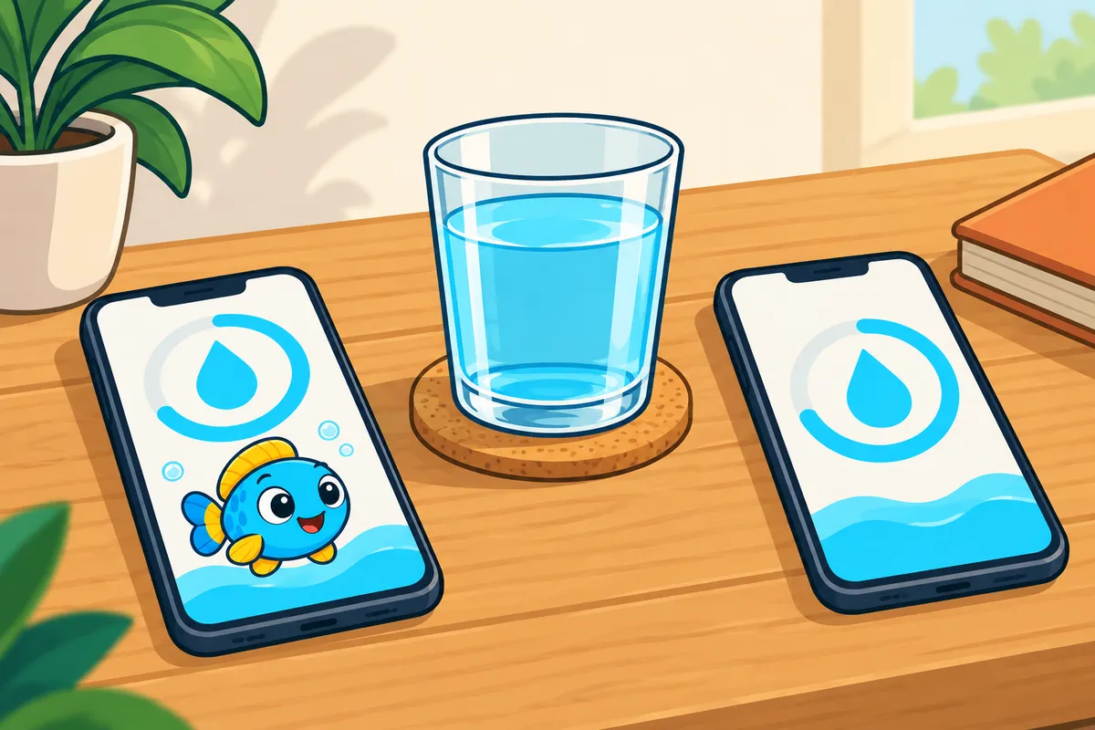 Two phones on a table showing simple water reminder screens, beside a glass of water.
