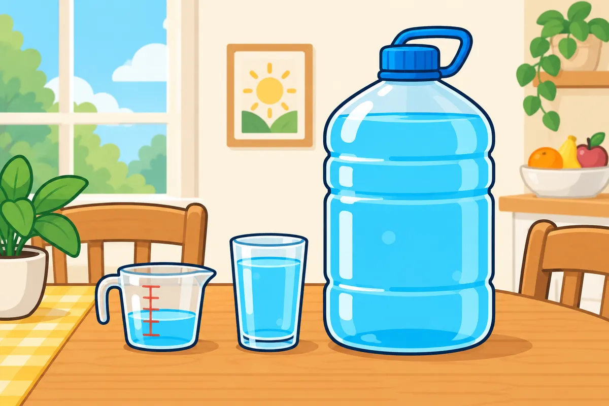 A huge water jug next to a single normal glass on a table, with a measuring cup.