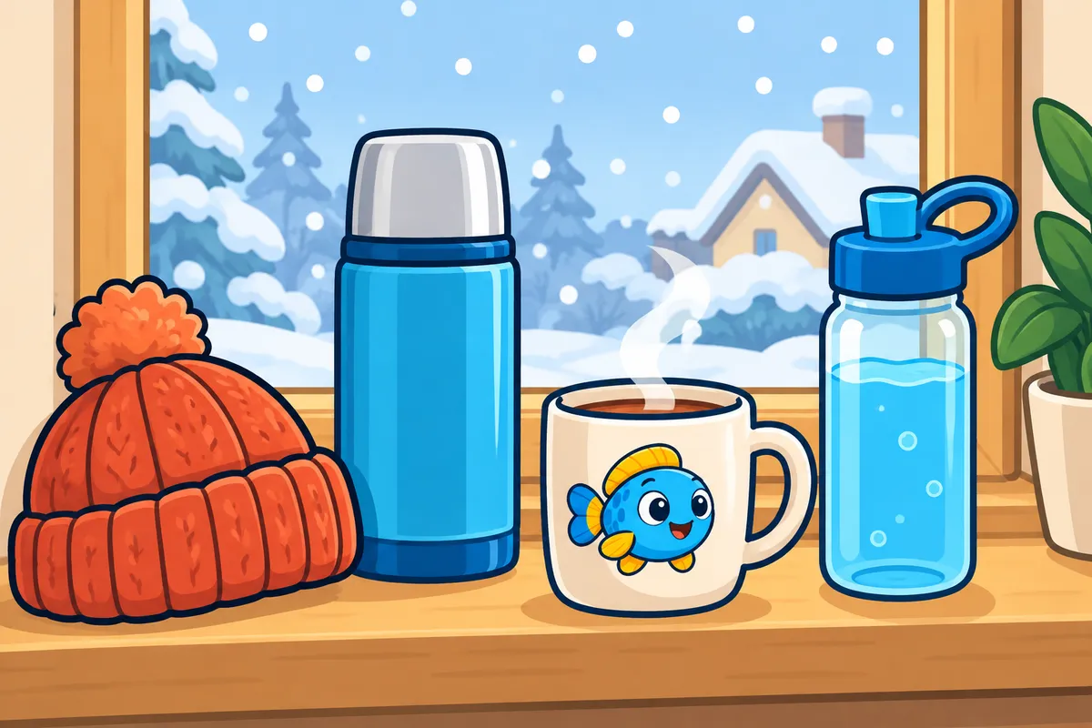 A snowy window ledge with a wool hat, a thermos, a steaming Glubbo mug and a water bottle.