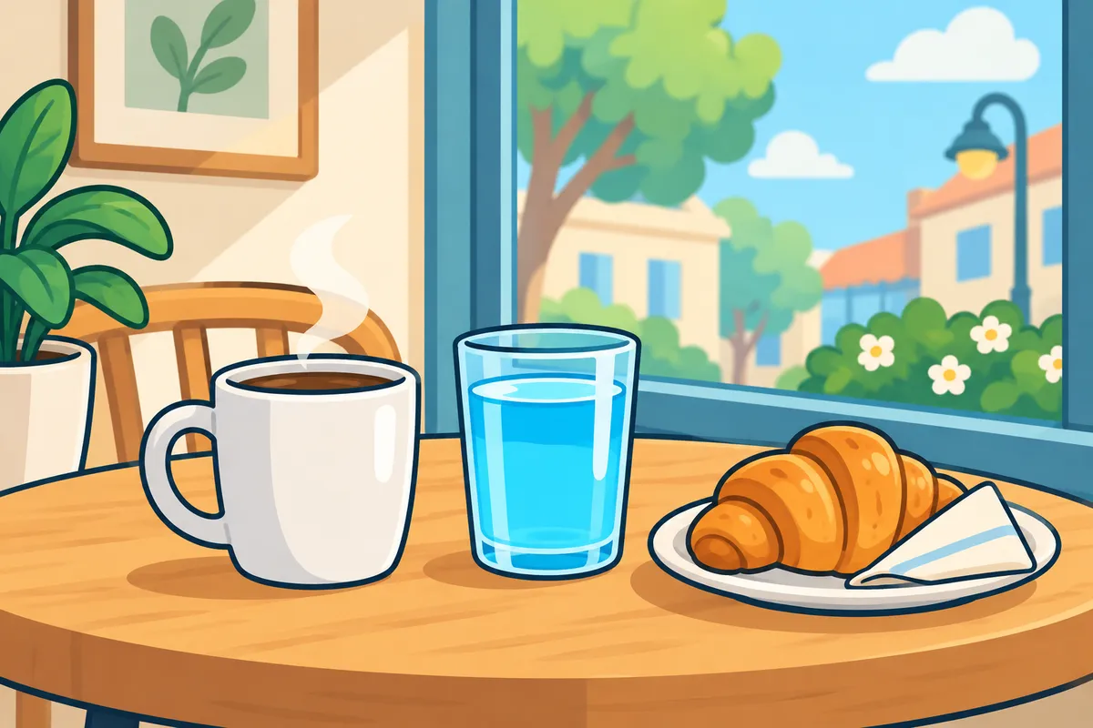 A cafe table by a window with a mug of coffee beside a glass of water of the same height, and a croissant on a plate.