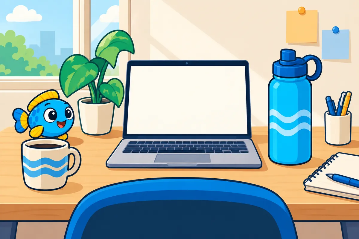 An office desk seen from the chair, with a laptop, a large water bottle, a mug and a small Glubbo toy.
