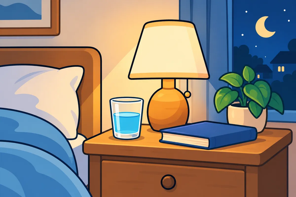 A bedside table at night with a half-full glass of water, a lamp and a book.