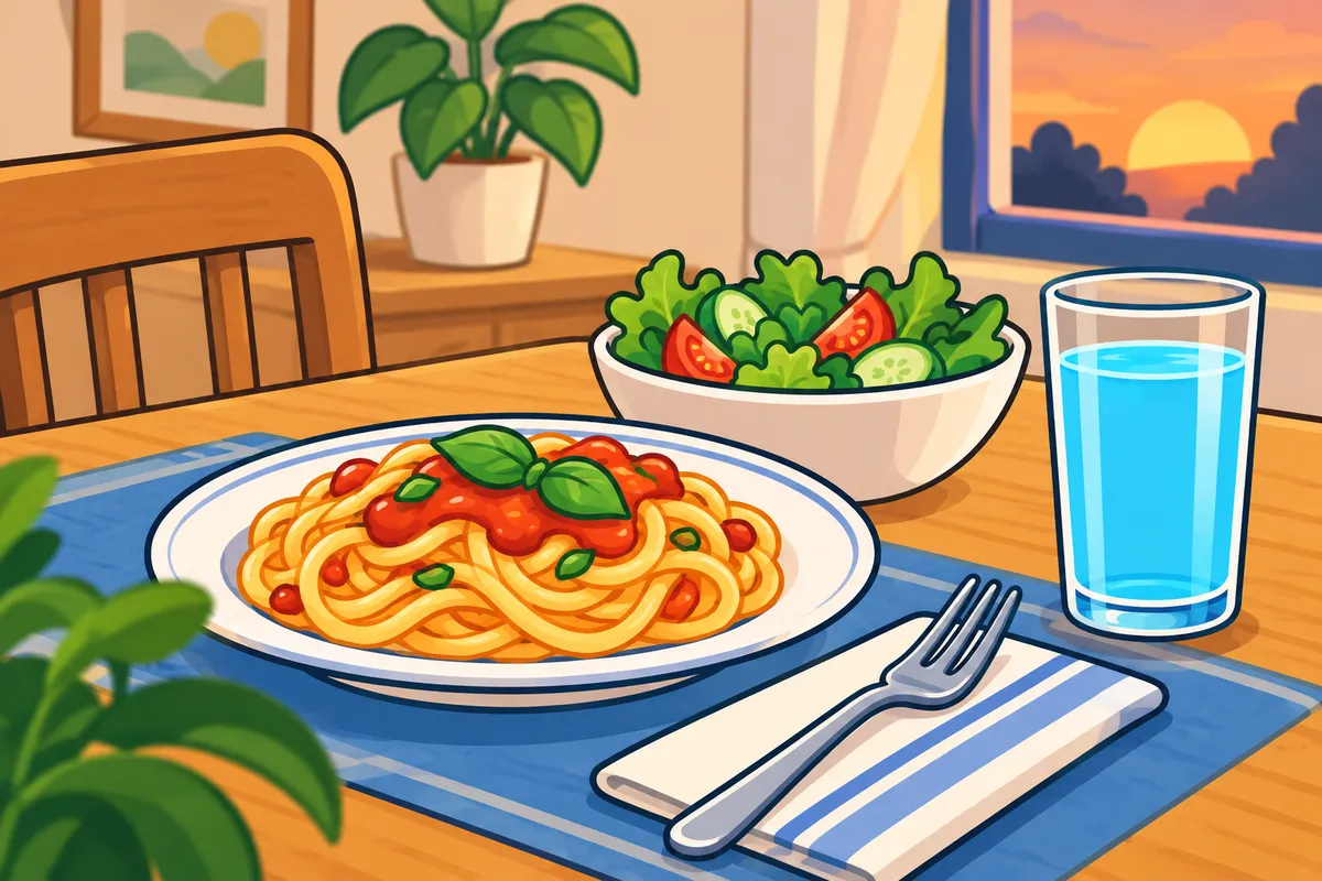 A dinner table with a plate of pasta and salad and a glass of water beside it.