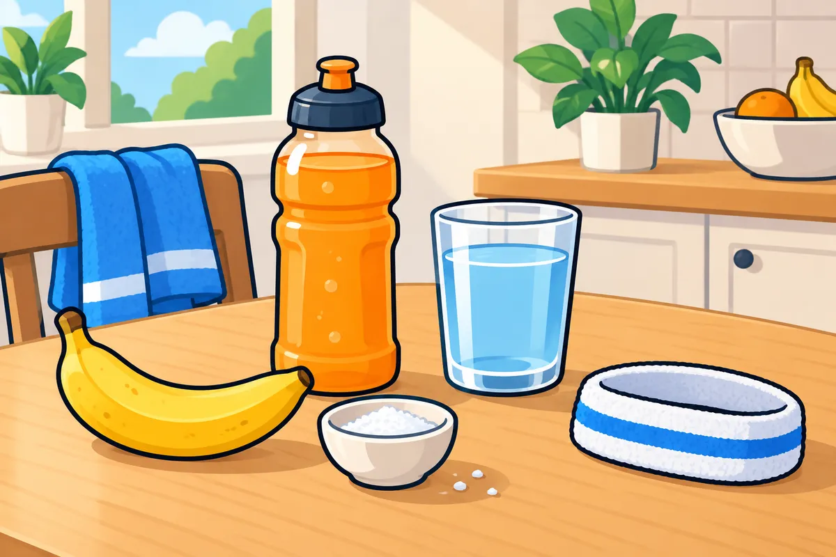 A sports drink bottle, a glass of water and a small bowl of salt on a table.