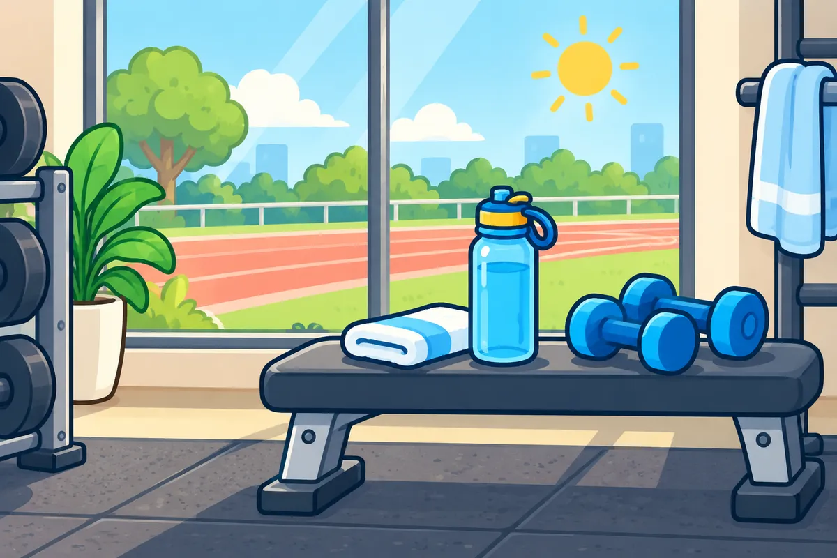 A gym bench with a water bottle, a towel and dumbbells, with a running track outside the window.
