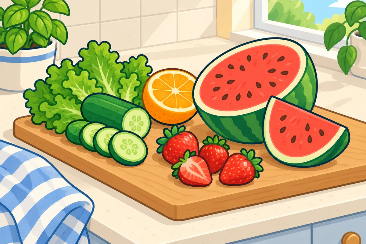 A cutting board with lettuce, sliced cucumber, a halved orange, strawberries and a halved watermelon.