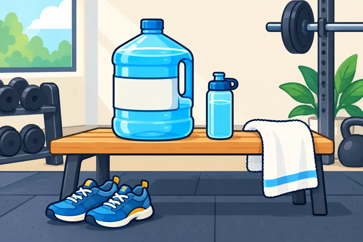 A gym bench with a one-gallon water jug, a small water bottle and a towel, and a pair of trainers on the floor.