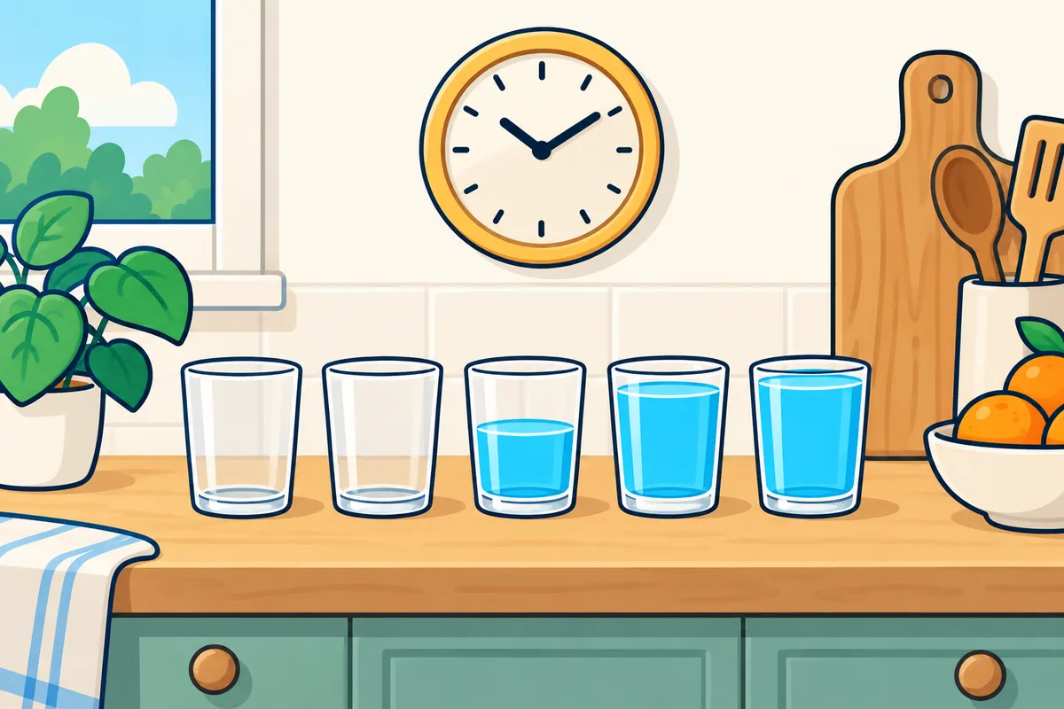 A kitchen wall clock above five glasses filling up from empty to full.