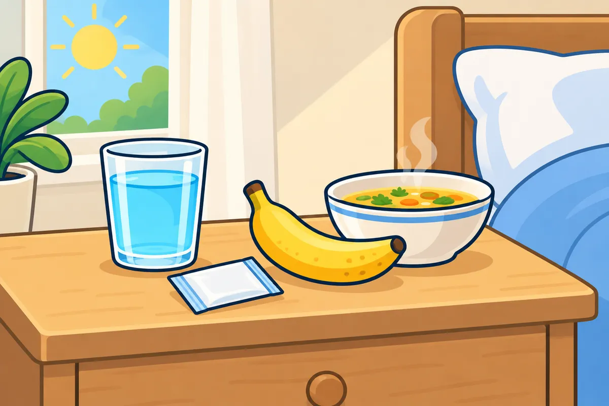 A glass of water, an oral rehydration sachet and a banana on a bedside table.