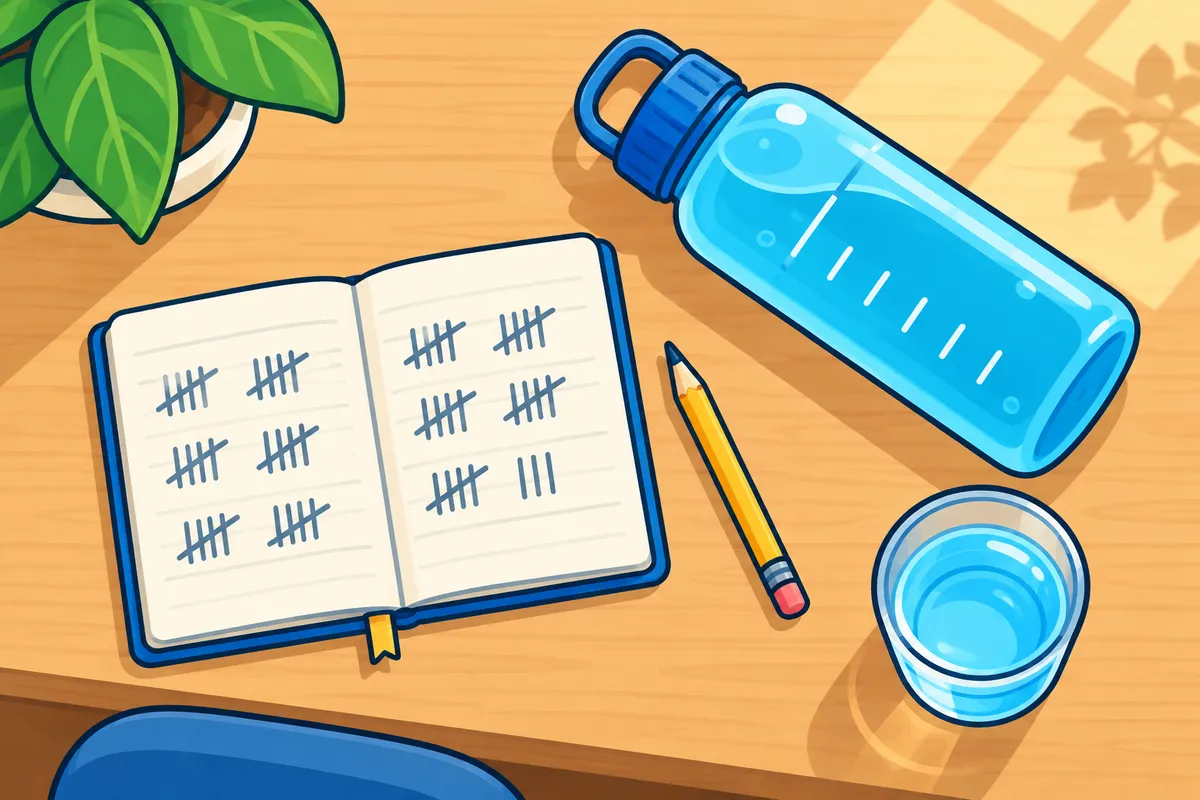 A water bottle with time marks on its side next to a notebook with tally marks.