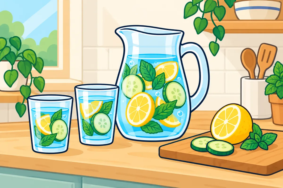 A pitcher of water with lemon, cucumber and mint slices, and two glasses.