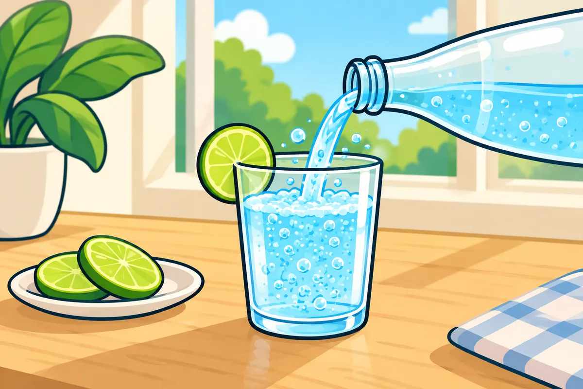A bottle of sparkling water pouring into a glass with bubbles and a lime slice.