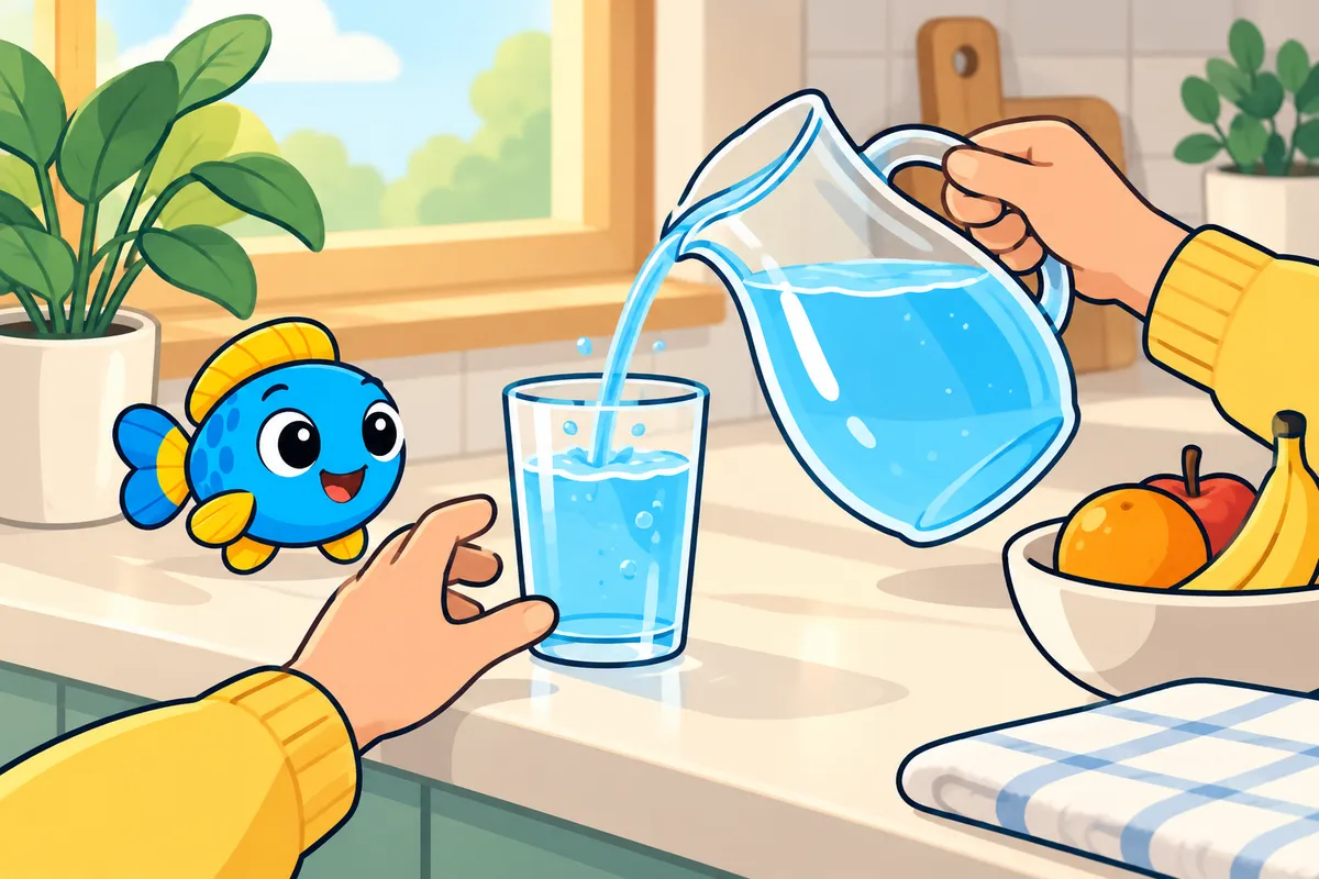 A hand pours water from a jug into a glass held by another hand on a kitchen counter, with a small Glubbo toy nearby.