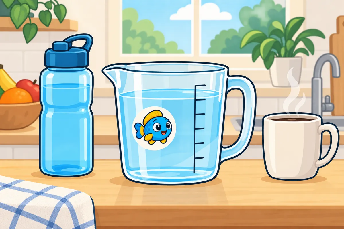 A kitchen counter with a measuring jug of water, a water bottle and a coffee mug.