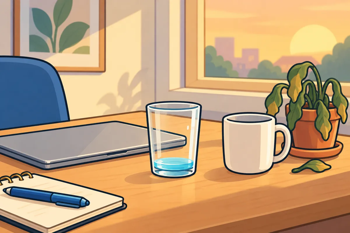A desk with a half-empty glass of water, a tired-looking empty mug and a wilted plant.