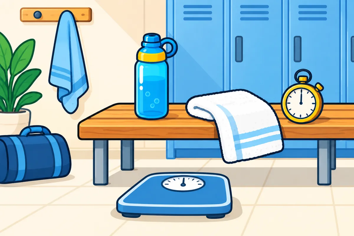 A bathroom scale, a stopwatch, a water bottle and a towel on a locker-room bench.