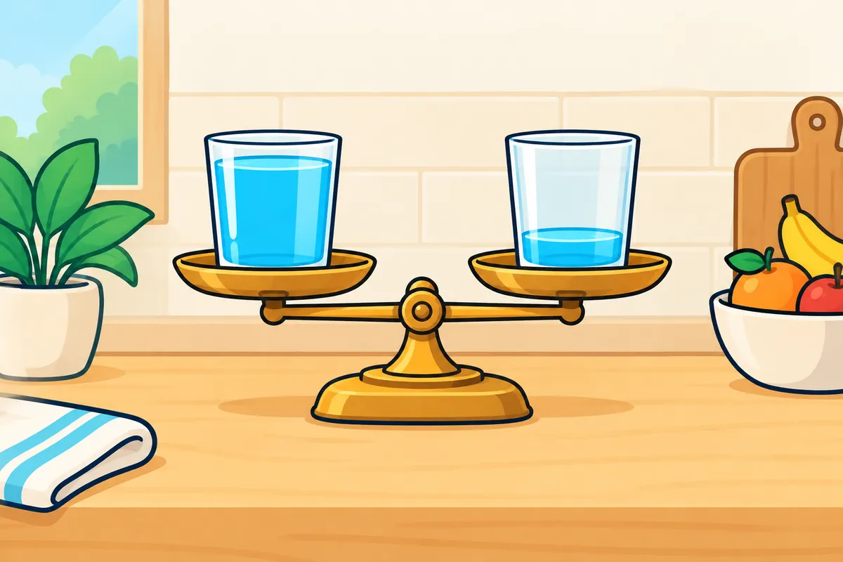 A balance with a glass of water on one side and a half-empty glass on the other.
