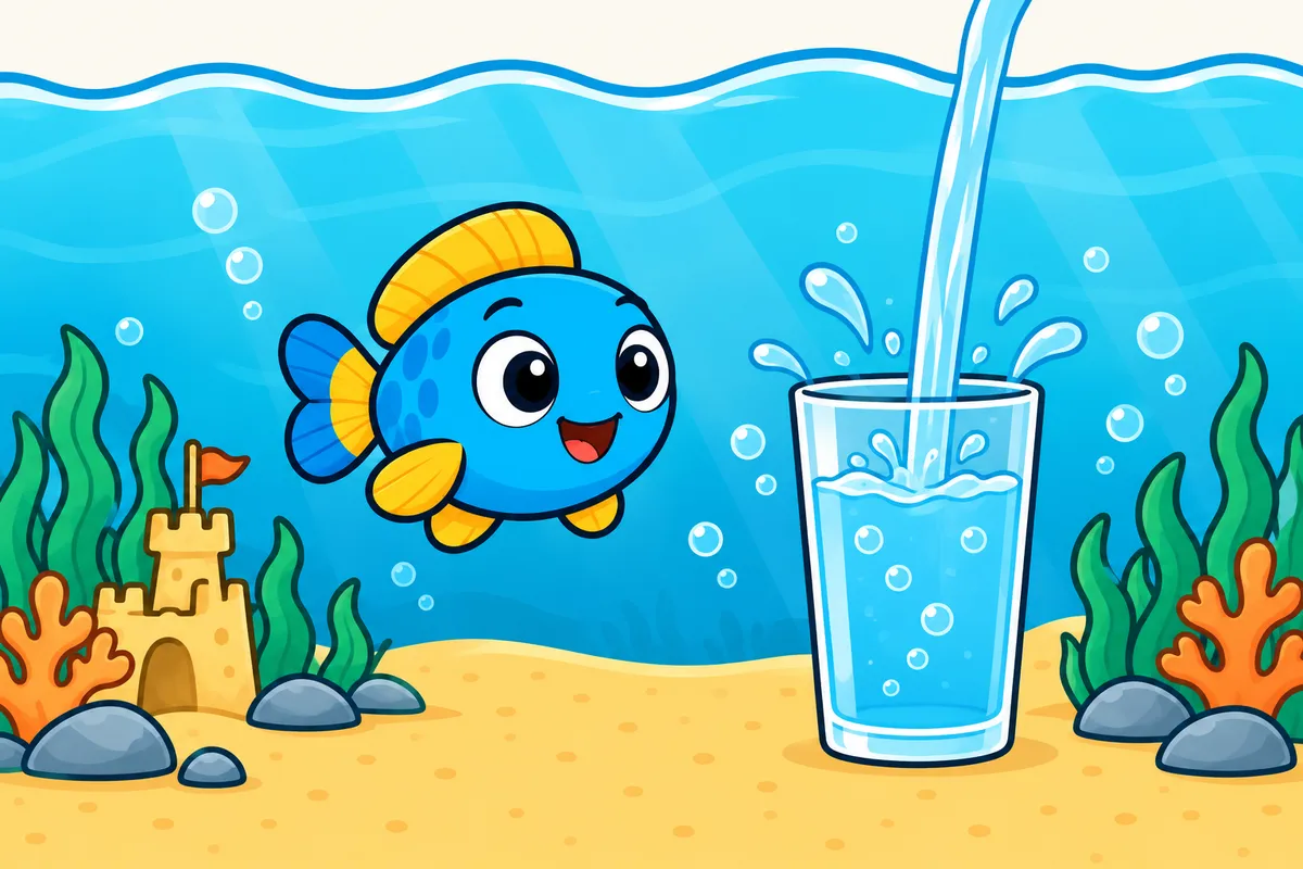 Glubbo swims beside a tall glass as water pours into it on the sandy seabed.