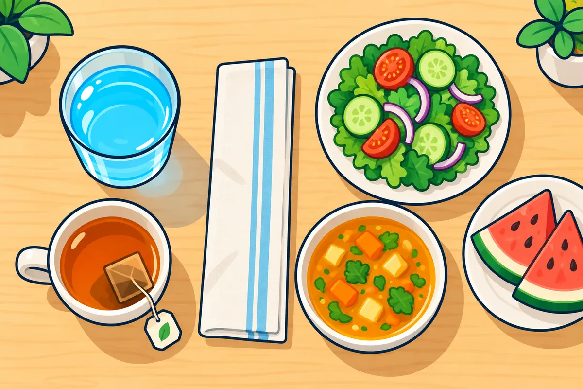A table seen from above: a glass of water and a cup of tea on one side of a folded napkin, a salad, a bowl of soup and watermelon slices on the other.
