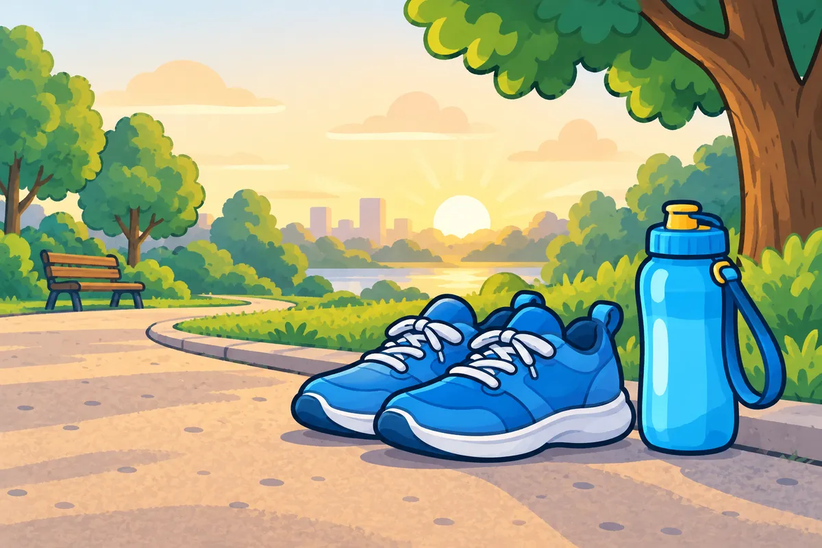 A runner's handheld water bottle and running shoes on a path at sunrise.