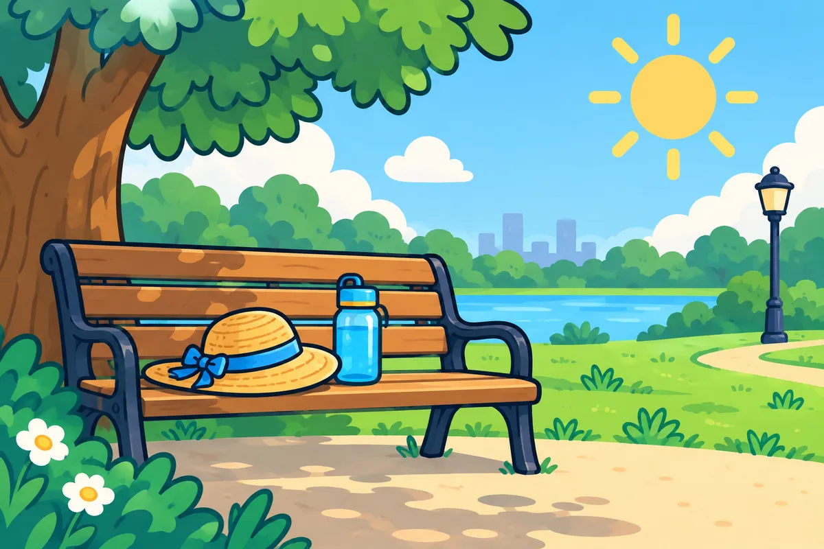 A bright sunny park bench with a sun hat and a water bottle in the shade.