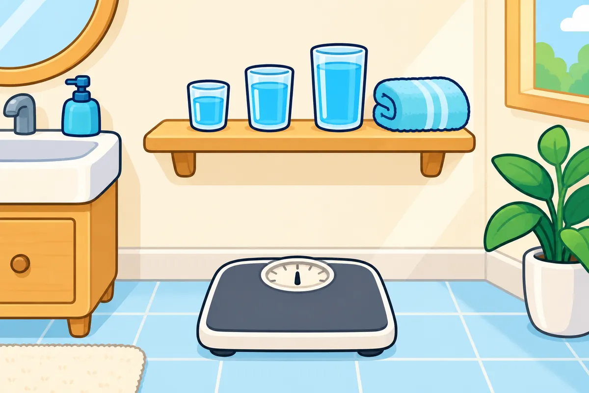 A bathroom with a scale on the floor and three glasses, small to large, on a shelf.