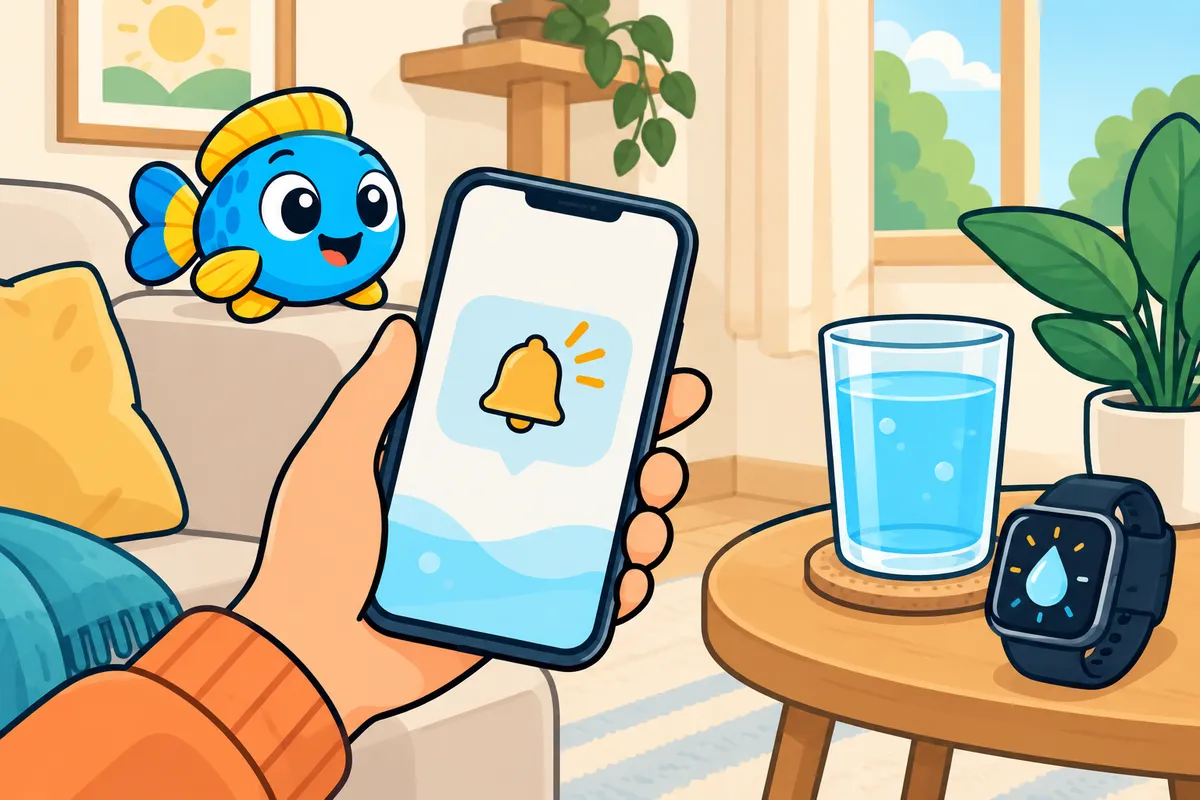 A hand holding a phone that shows a reminder bell, with a glass of water and a smartwatch on the table and a Glubbo toy on the sofa.
