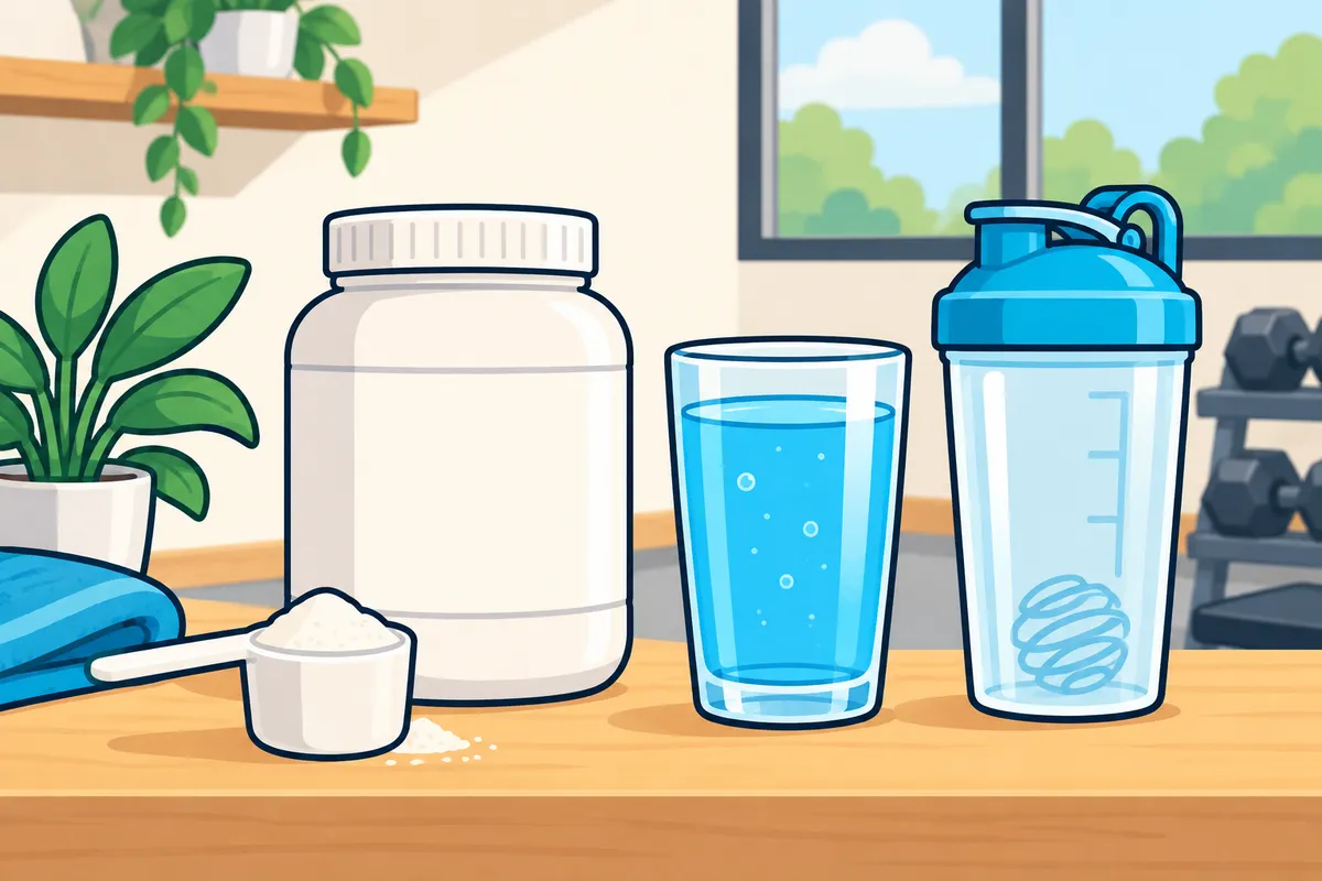 A shaker bottle and a scoop of white powder beside a large glass of water.