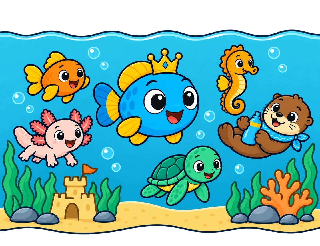 Glubbo wearing a crown, swimming with the goldfish, axolotl, sea turtle, seahorse and otter