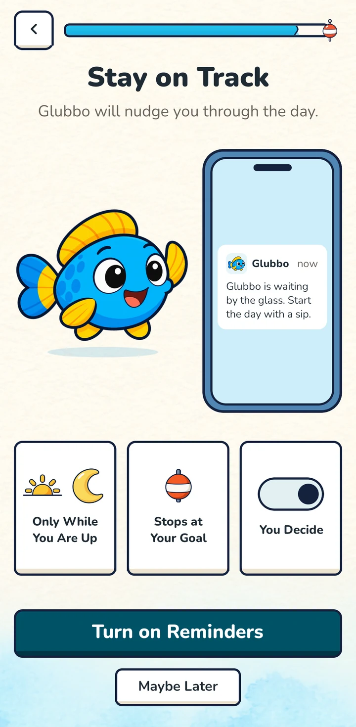 Glubbo reminder on a phone: Glubbo is waiting by the glass. Start the day with a sip.