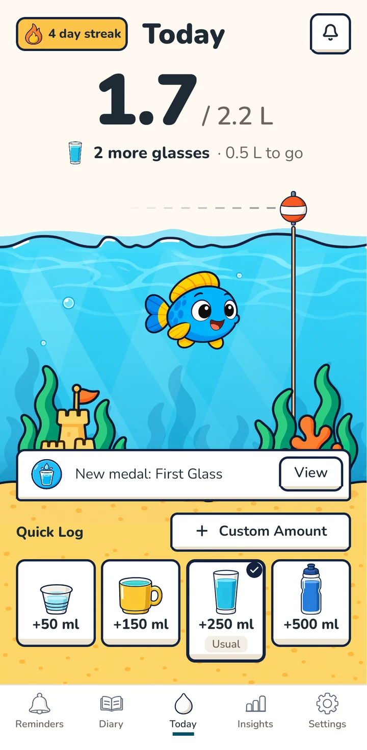 Glubbo Today screen: 1.7 of 2.2 litres, Glubbo swimming in the water, quick log buttons