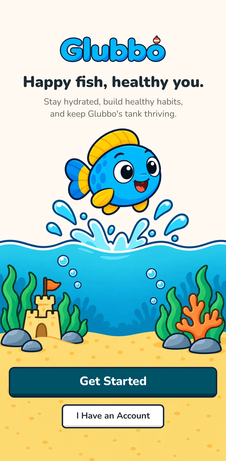 Glubbo welcome screen: Glubbo leaping out of the water